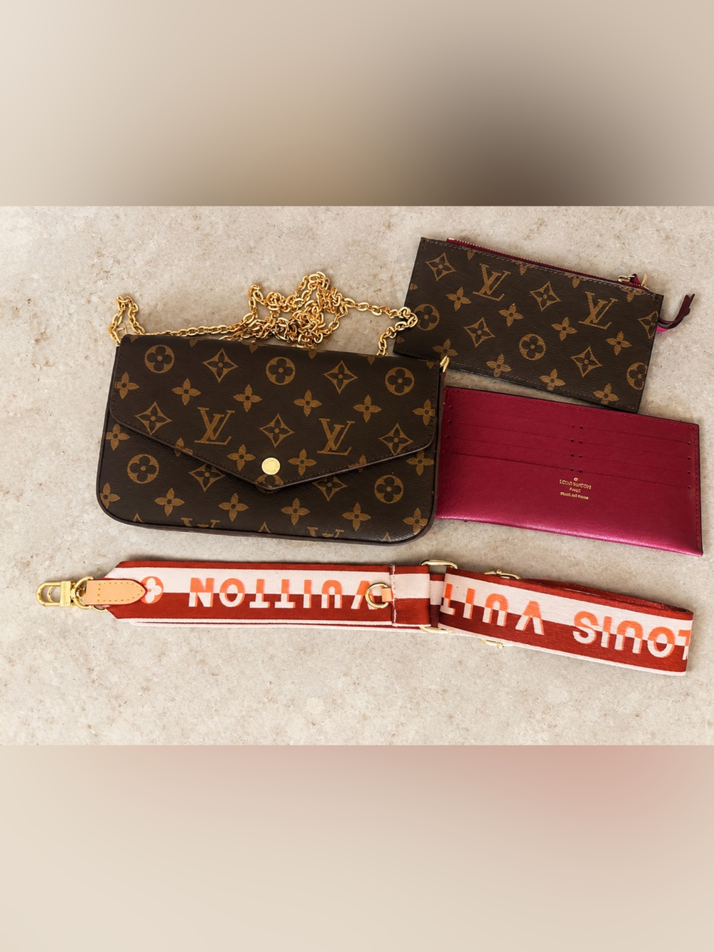 Louis Vuitton Brown Monogram Canvas Crossbody Bag with Red Strap